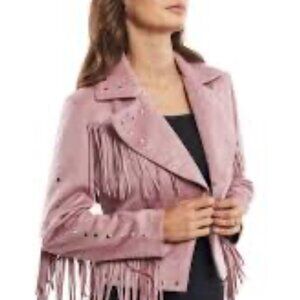 Adore, pink faux suede fringe studded moto jacket